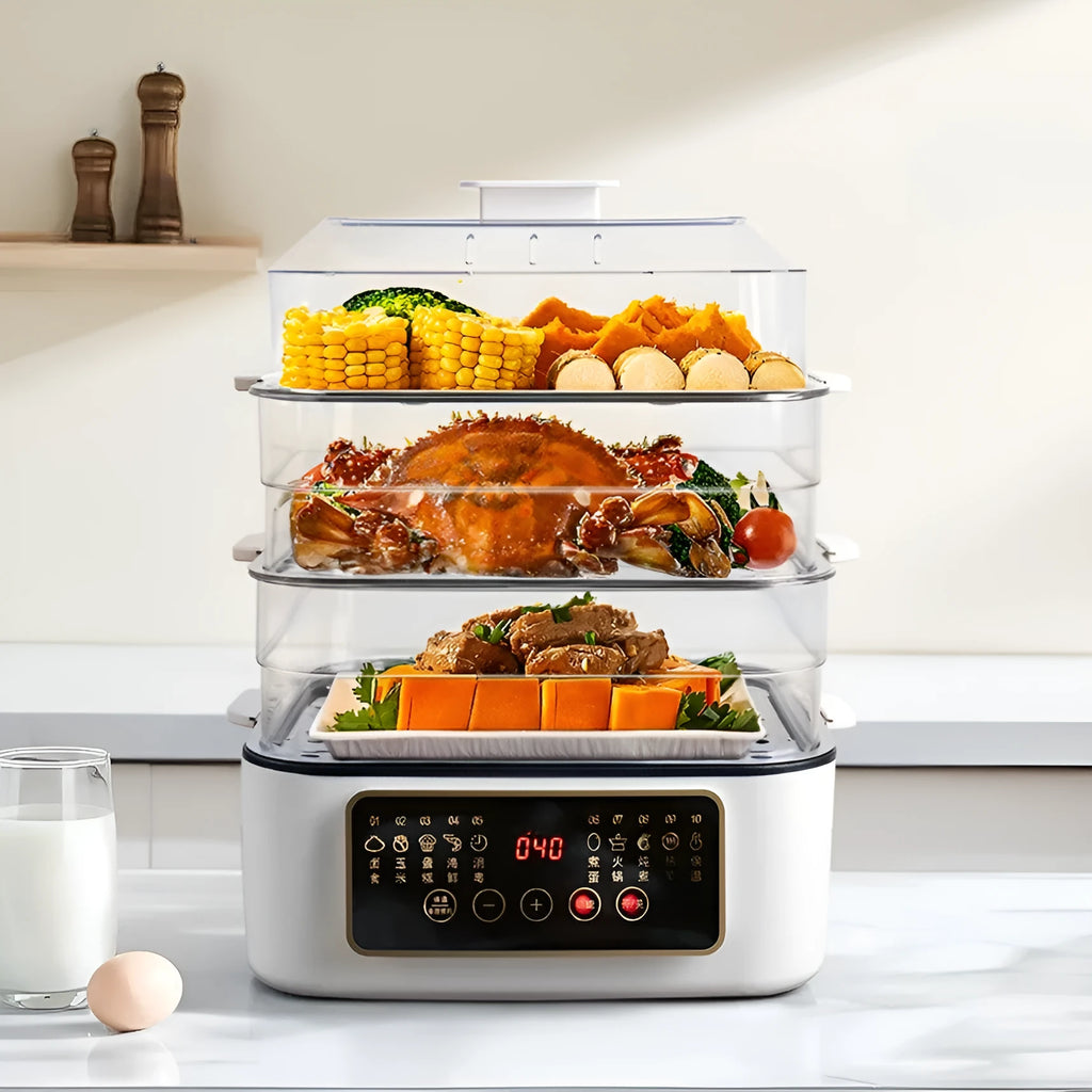 28 litre stainless steel electric food steamer with control panel and steaming rack