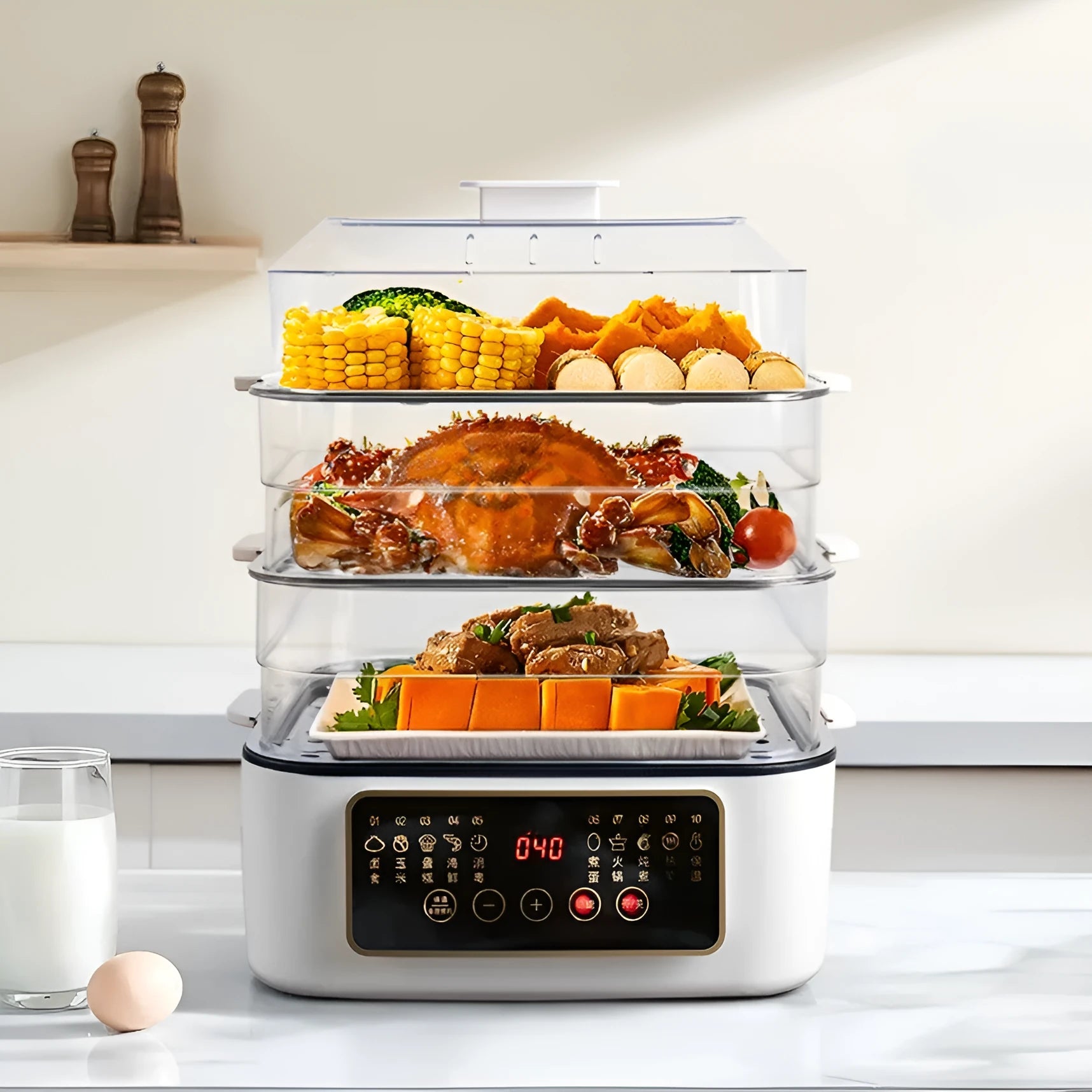 28 litre stainless steel electric food steamer with control panel and steaming rack