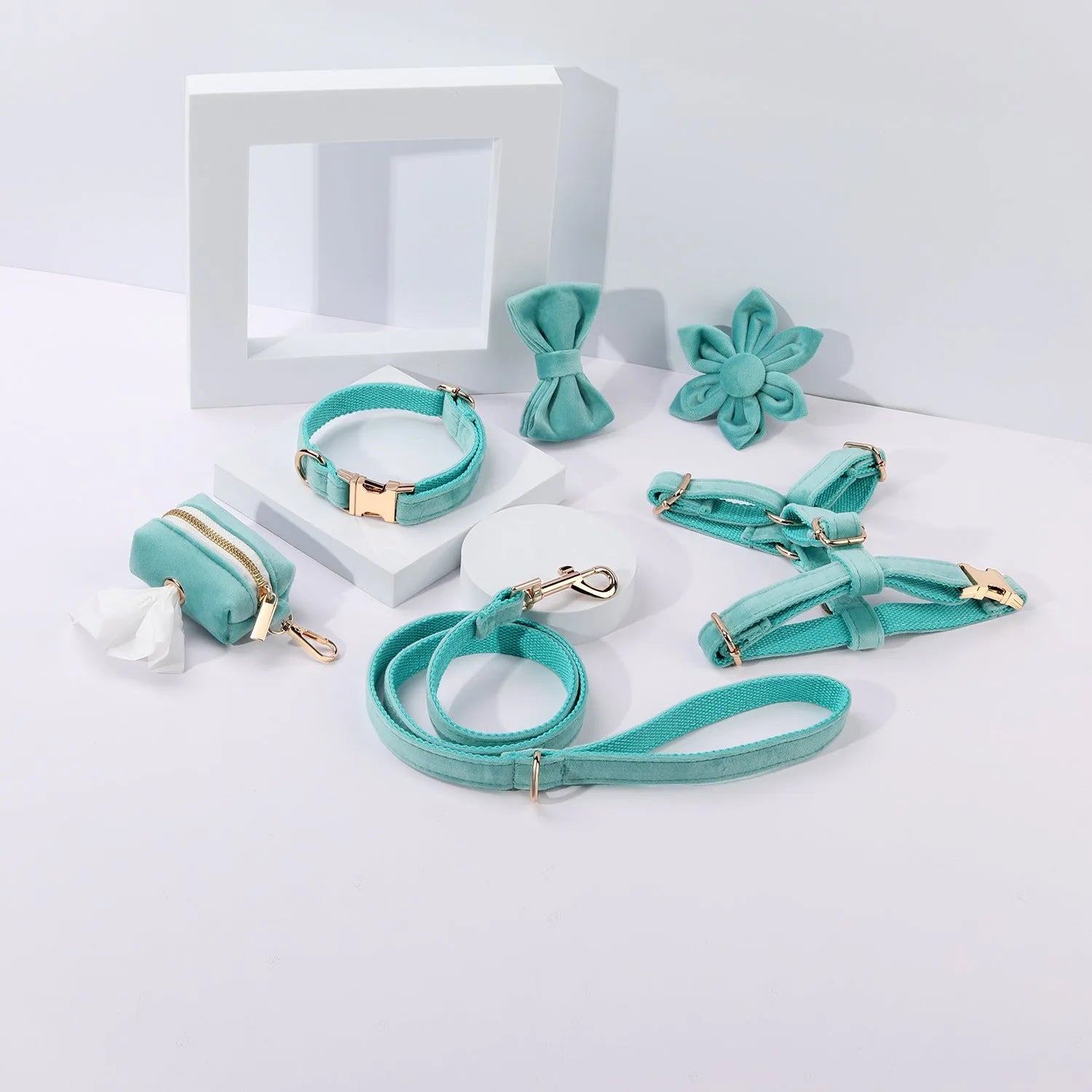 Classic velvet pet collar and traction rope set with matching bow tie, flower and accessories