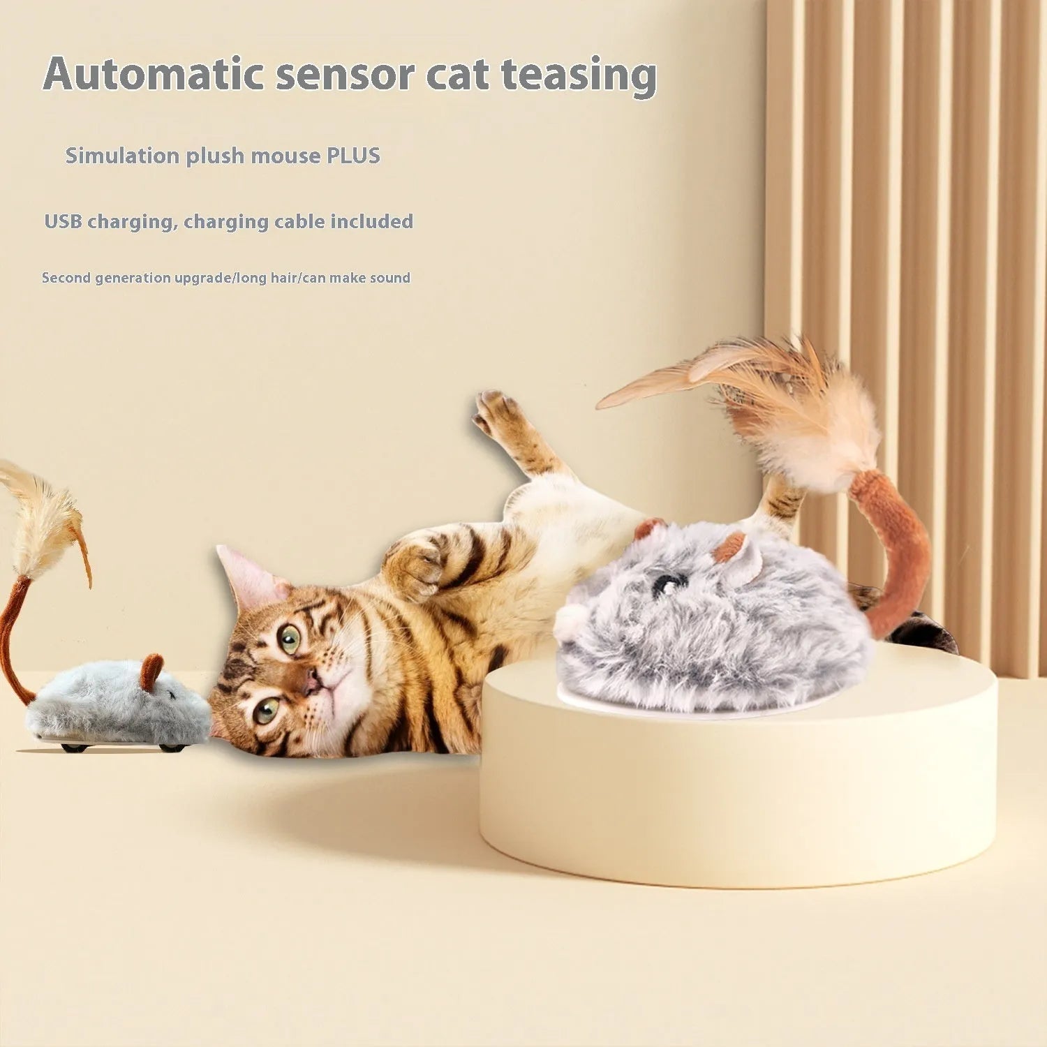 Electric moving cat toy with plush mouse on charging pole in dark grey, pink or purple colour