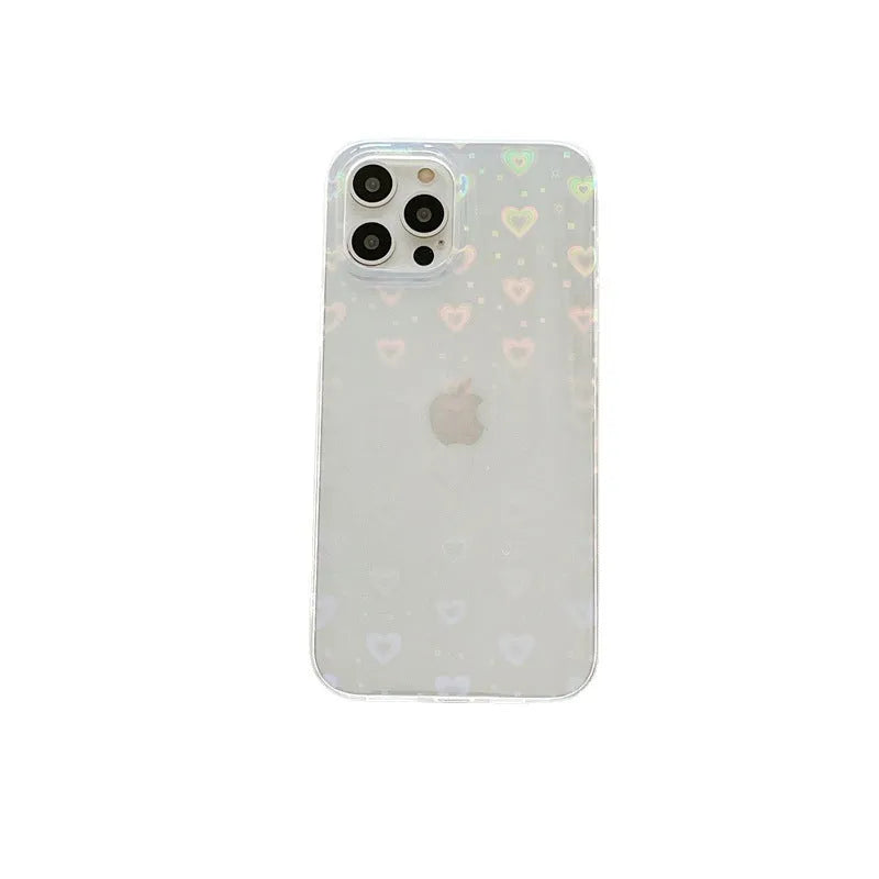 Transparent silicone iPhone case with laser-etched Love design on the back.