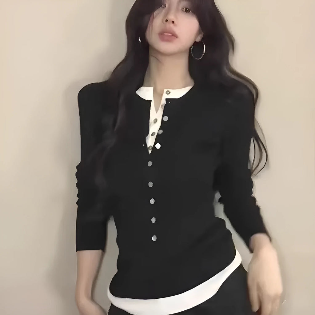 Women's black fake two pieces knitted bottoming shirt slim fit long sleeves