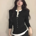 Women's black fake two pieces knitted bottoming shirt slim fit long sleeves