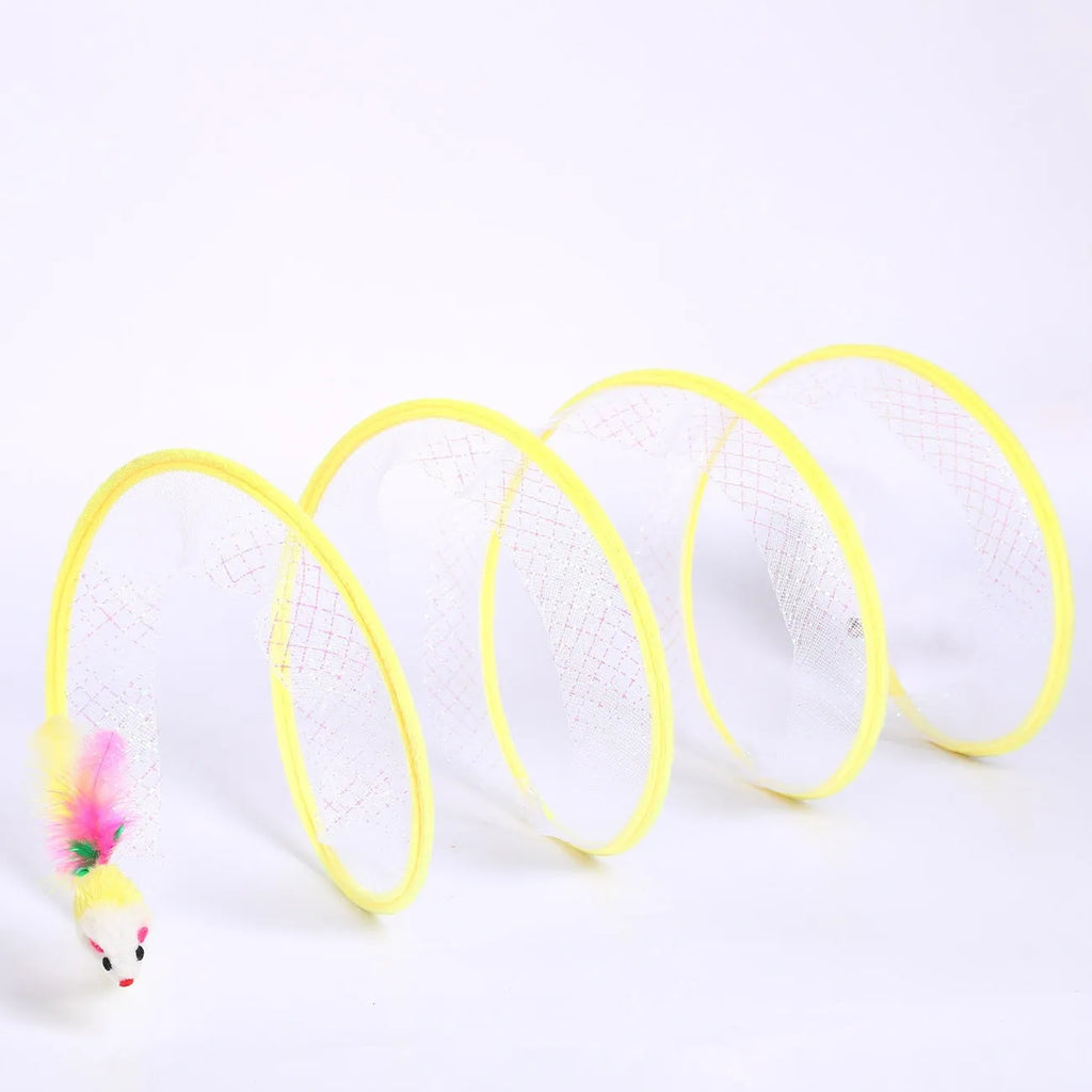 S-type cat tunnel toy with steel frame, mesh sides and dangling feather for feline play