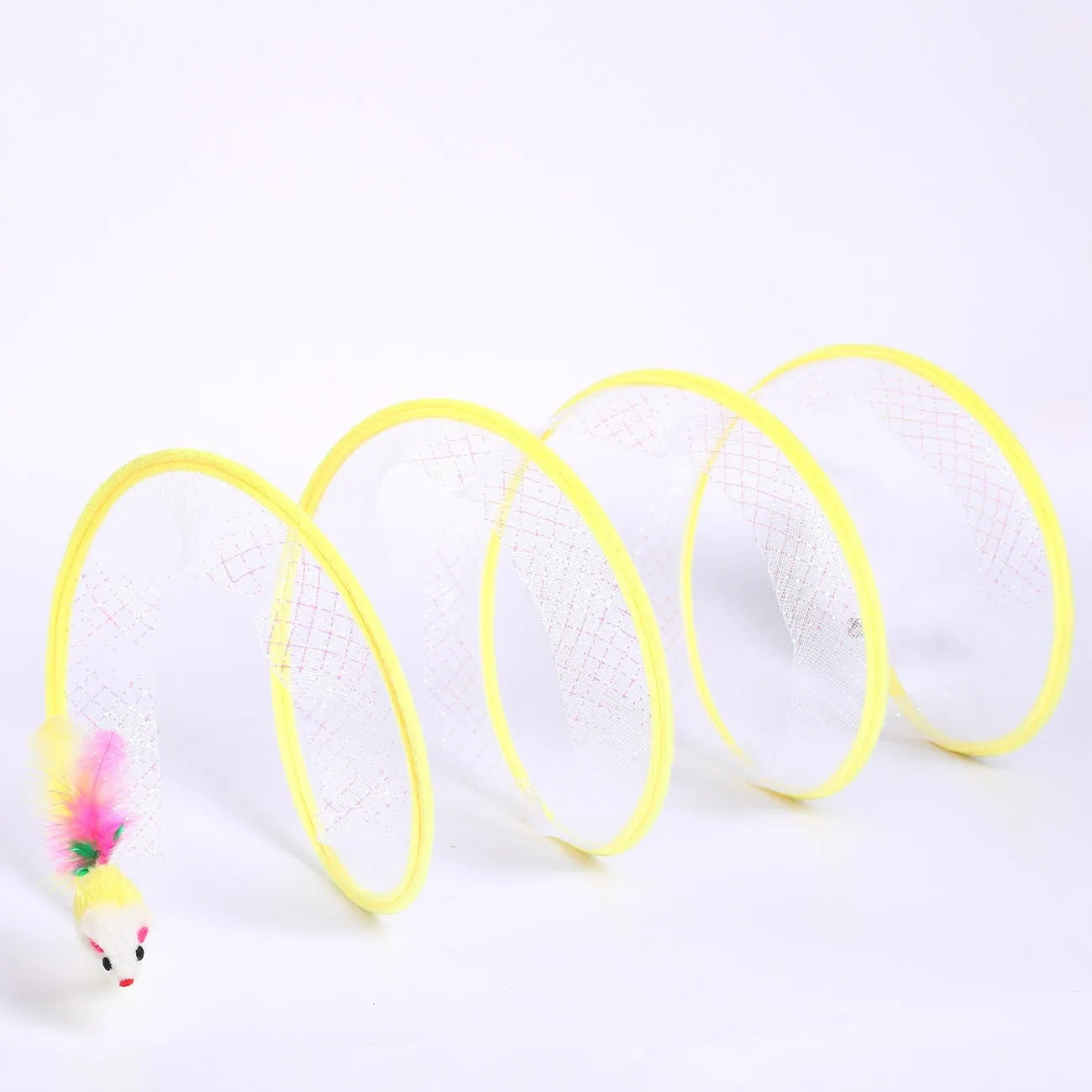 S-type cat tunnel toy with steel frame, mesh sides and dangling feather for feline play