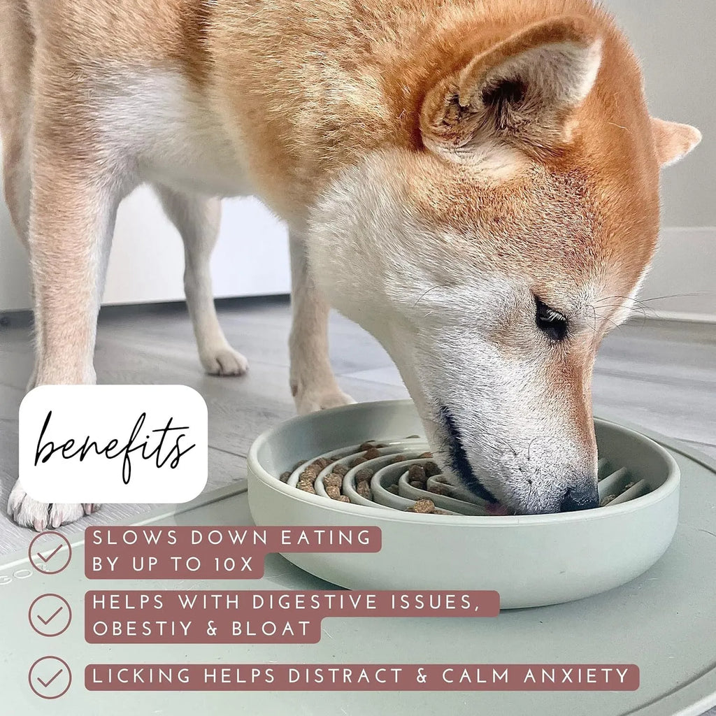 Silicone slow feeder dog bowl with ridges, shown in beige colour, 19cm diameter