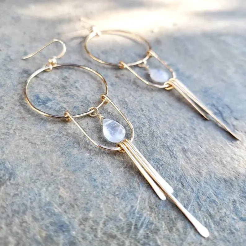 Gold alloy water drop gem pendant tassel earrings bohemian ethnic style drop shape