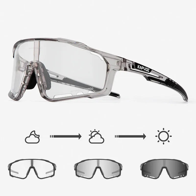 Photochromic cycling sports goggles with TR90 frame and semi-rimless design shown in multiple colour options.