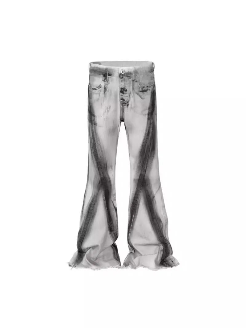 White heavy rough selvedge jeans with black ribbon gradient detailing and mid waist fit