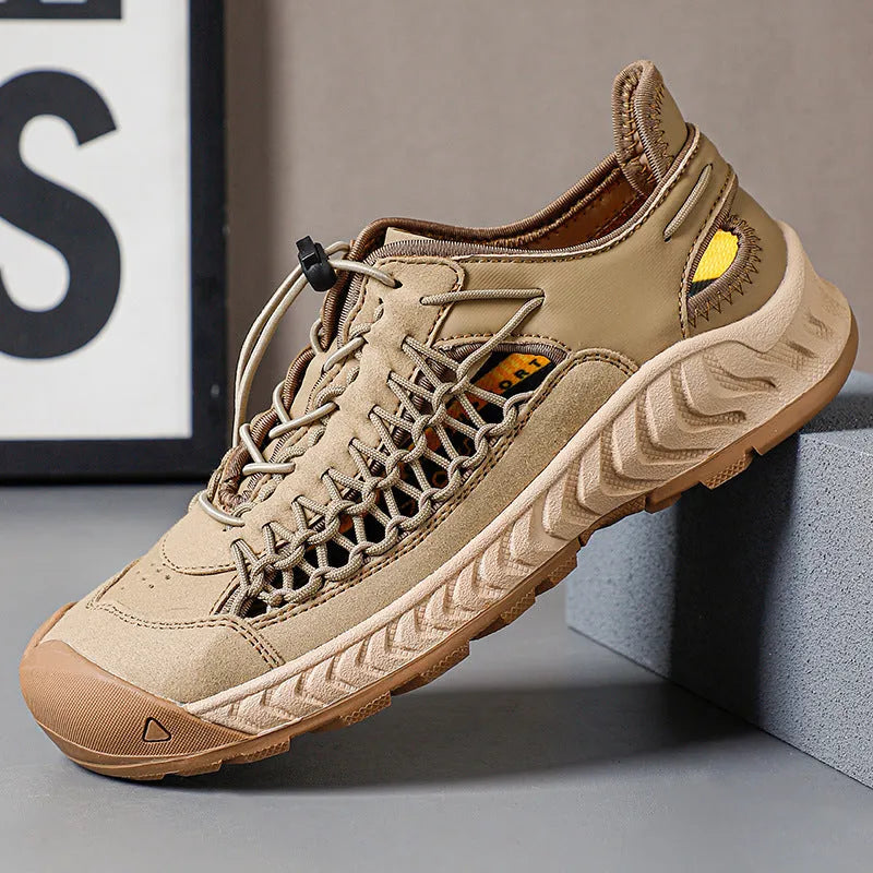 Men's hand-woven sandals with closed toe design, elastic band, and rubber soles in light gray colour