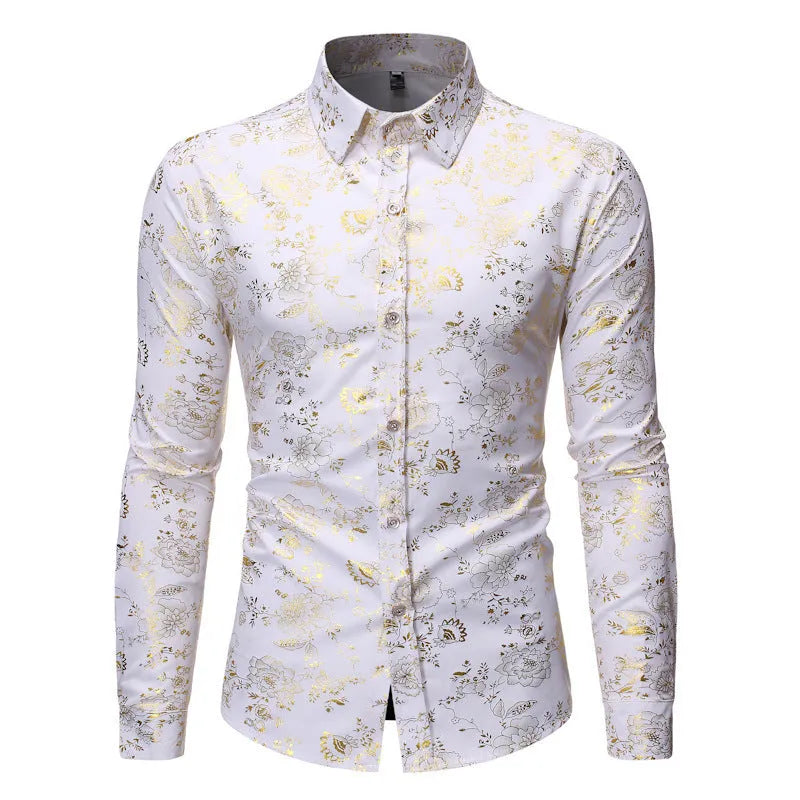 Men's long sleeve lapel cardigan shirt with metallic bronzing print on collar.