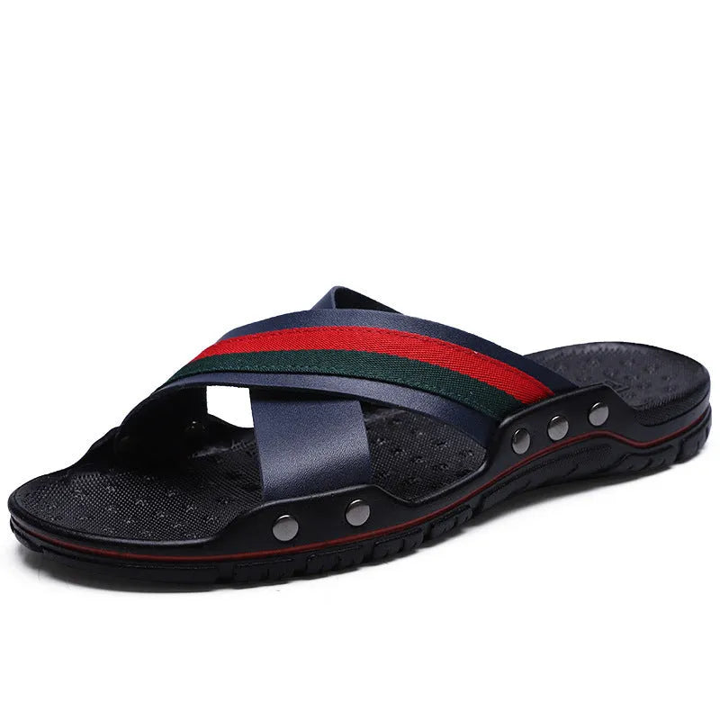 Men's cowhide and PU beach sandals in white, blue, and black colours on a size chart background.
