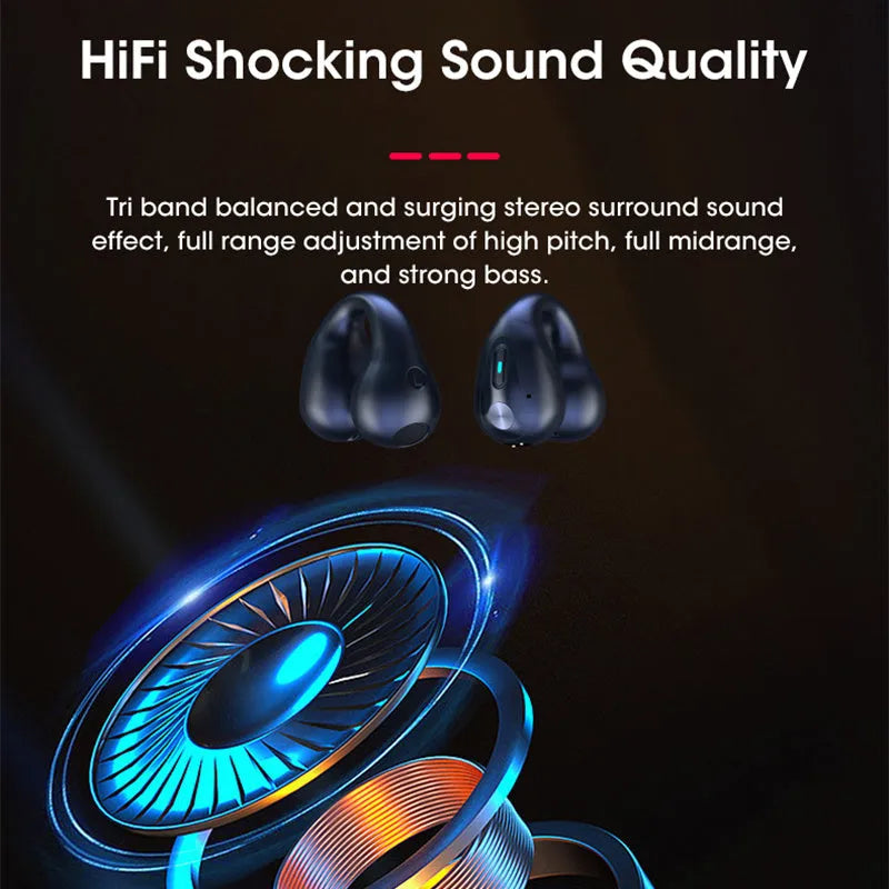 Bone conduction Bluetooth headset with ear clip design in black, white, or khaki colour.