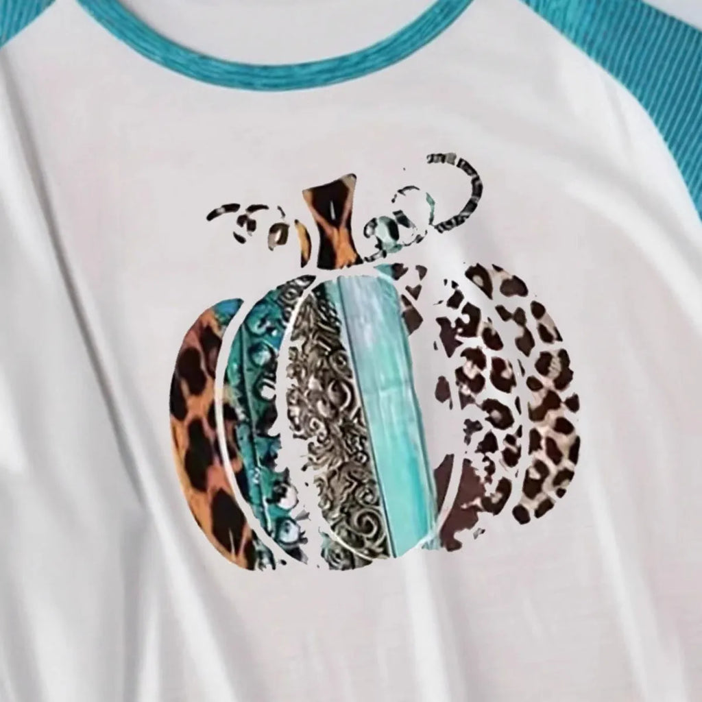 Halloween pumpkin 3D digital printed sky blue T-shirt with Japanese Korean casual style
