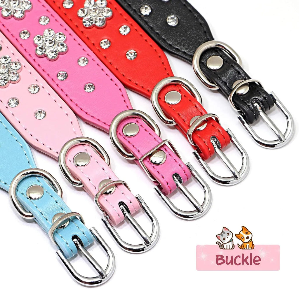 Black PU leather dog collar with silver rhinestone flower pattern and studs, shown on a small dog.