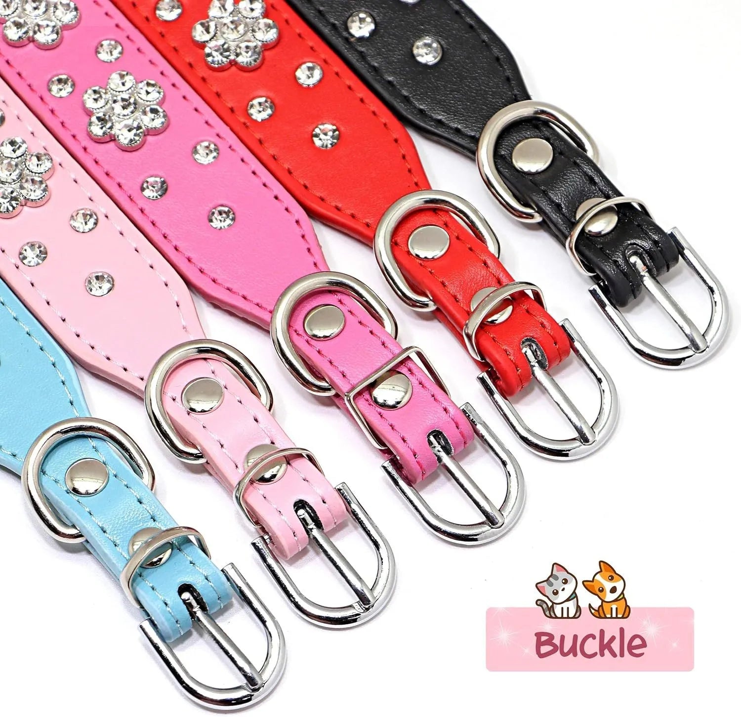 Black PU leather dog collar with silver rhinestone flower pattern and studs, shown on a small dog.