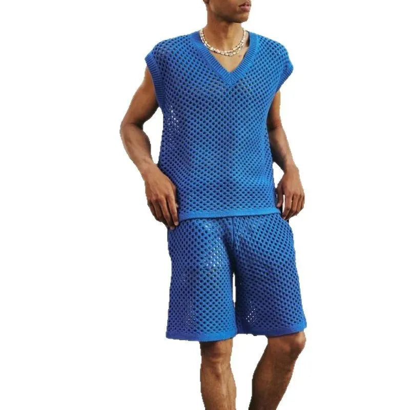 Men's blue knitted V-neck vest and matching shorts laid flat as a summer sports suit.