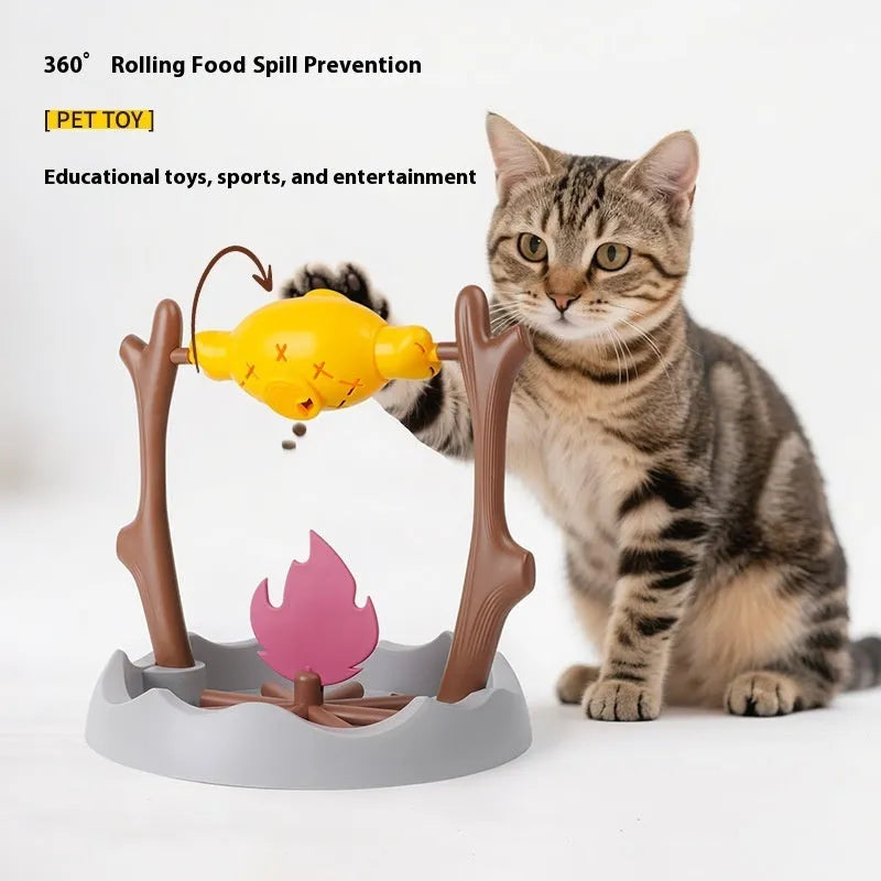 Barbecue-style tumbling cat food feeder with leakage treat dispenser measuring 30cm by 29cm