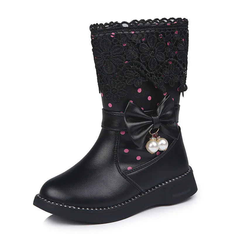 Girls' bowknot pendant lace and velvet artificial leather shoes in black with rubber sole and lace fastening