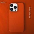 Orange genuine leather half pack phone case for iPhone 16 with hand-stitched edges