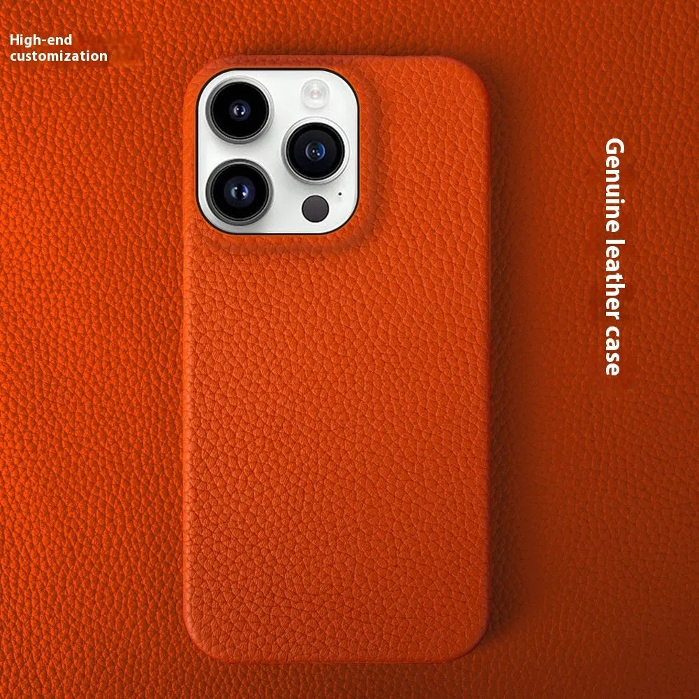 Orange genuine leather half pack phone case for iPhone 16 with hand-stitched edges