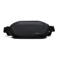 Black men's Oxford cloth messenger bag with cross-body strap showing sewing thread detailing