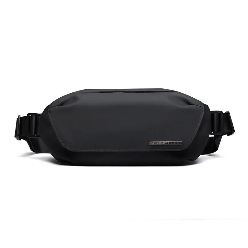 Black men's Oxford cloth messenger bag with cross-body strap showing sewing thread detailing