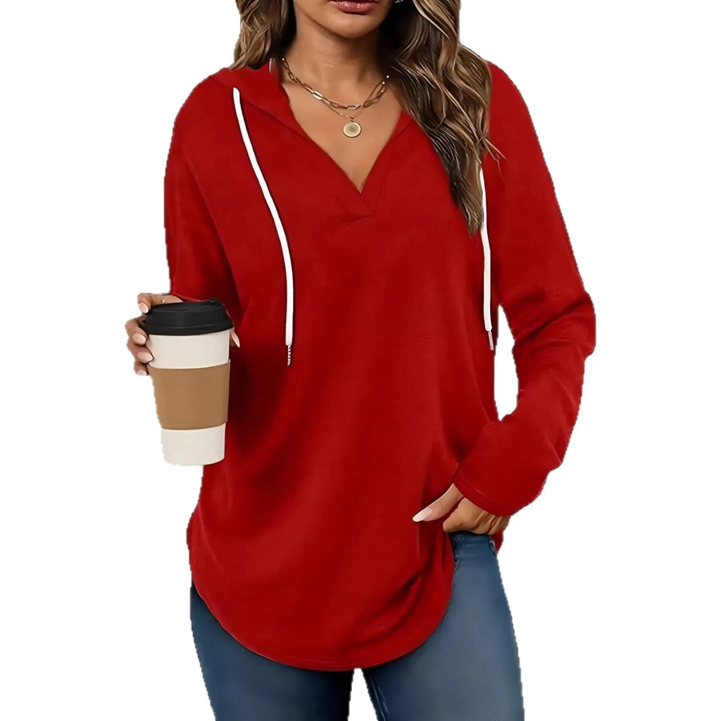 Women's red hooded V-neck sweatshirt with loose fit and long sleeves