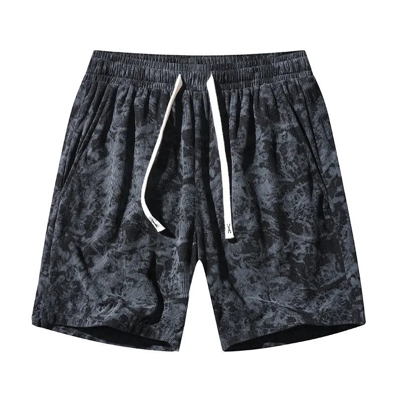 Men's camouflage patterned corduroy athletic shorts with straight leg cut and high waist