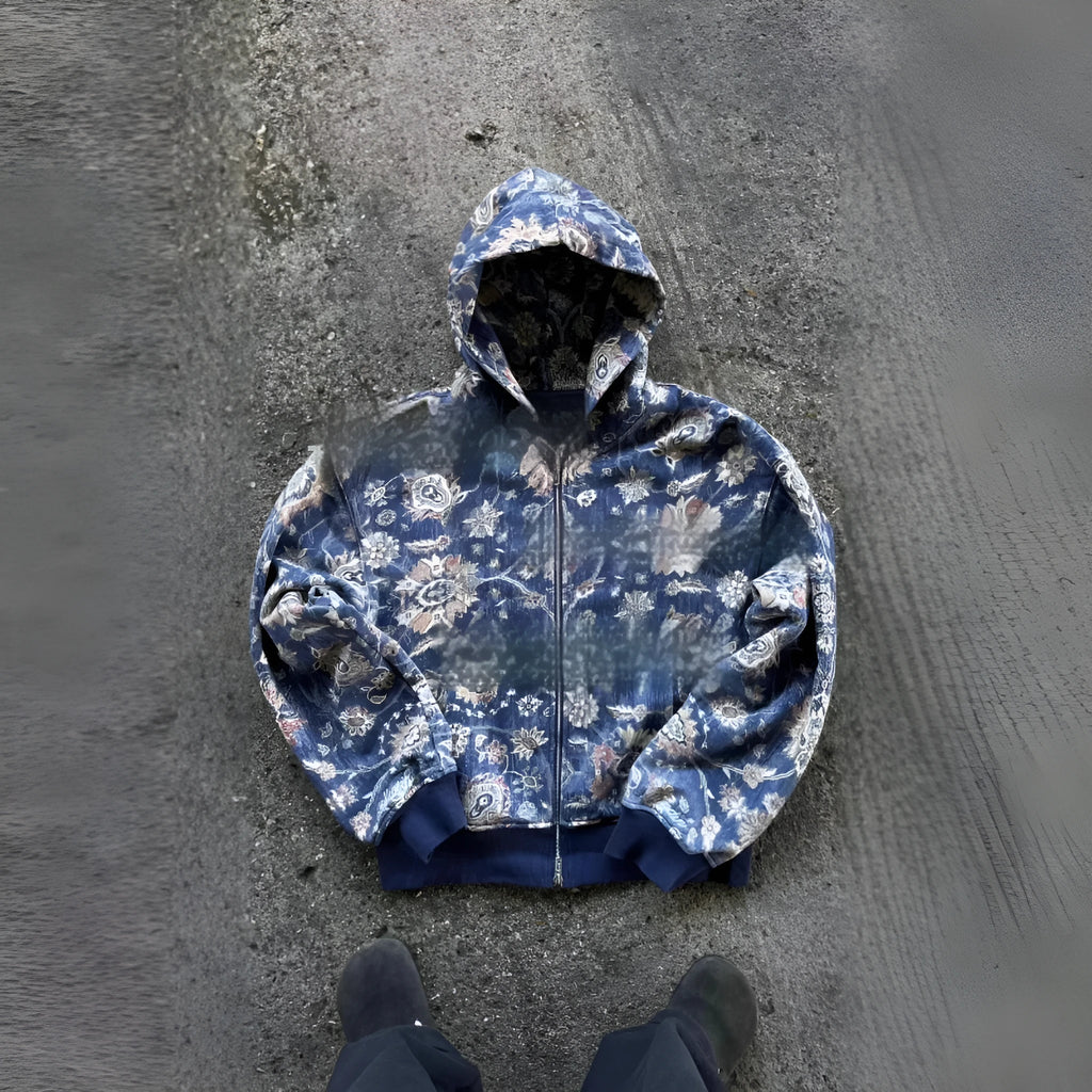 Red or blue loose fit hooded zip coat for young men, polyester fabric, Asian sizes XS to 6XL