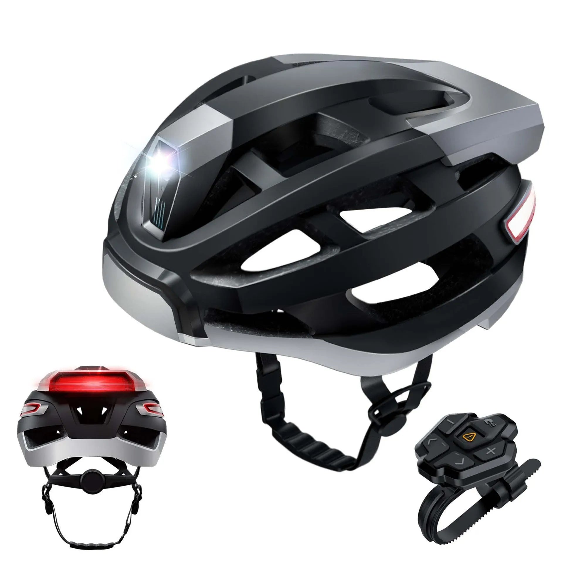 Black and grey smart cycling helmet with integrated Bluetooth safety warning lights on the rear.