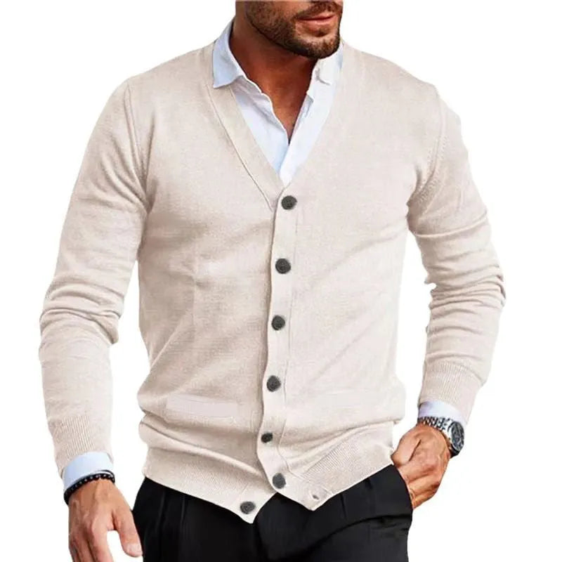 Men's slim fit acrylic cardigan sweater in a selection of colours including creamy-white, grey, black, wine red, and dark green.