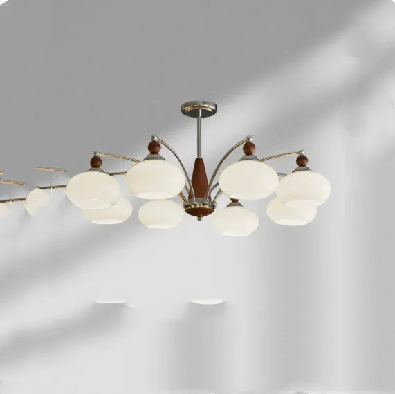 Creative persimmon glass chandelier with chrome fittings and multiple glass lampshades in middle ancient style