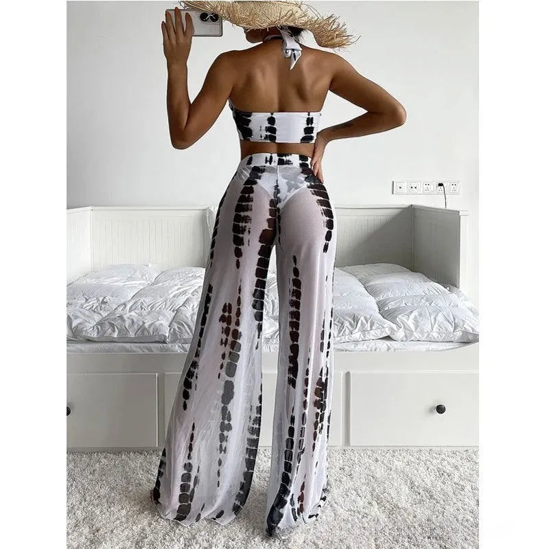 Women's three-piece swimsuit set with mesh trousers in black or blue printing