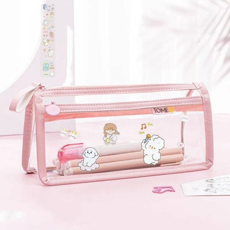 Transparent double-layer pencil case showing two compartments, 220x110x80mm dimensions