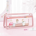 Transparent double-layer pencil case showing two compartments, 220x110x80mm dimensions