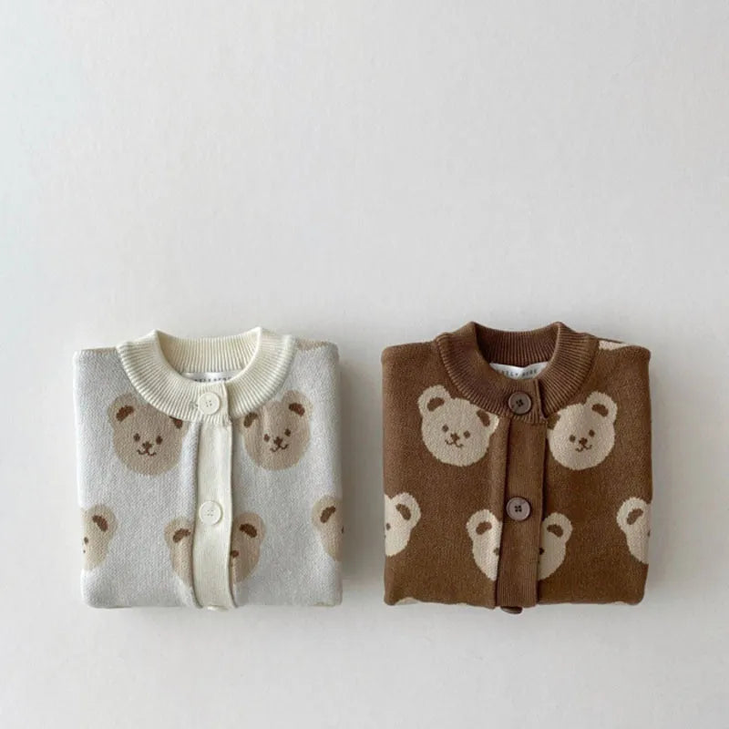 Children's cotton sweater coat with cute cartoon bear pattern, round neck, long sleeves, off white colour