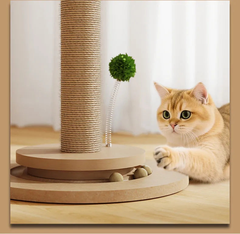 Vertical cat climbing frame with hemp rope scratch surface in Canna colour with chamfered columns.