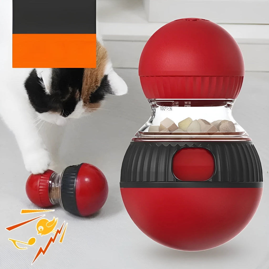 Rotating plastic cat toy with sound feedback system and treat-dispensing ball mechanism