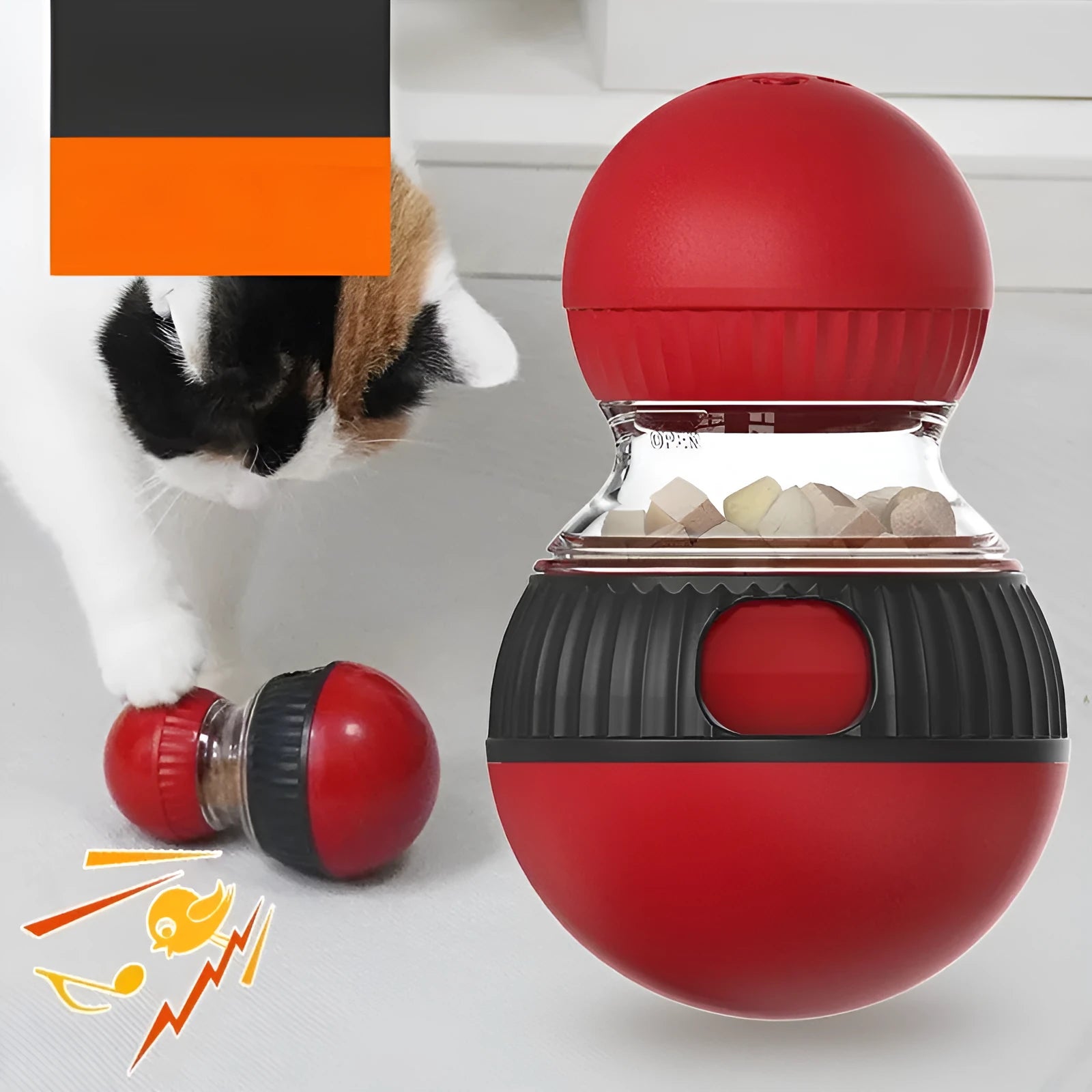 Rotating plastic cat toy with sound feedback system and treat-dispensing ball mechanism