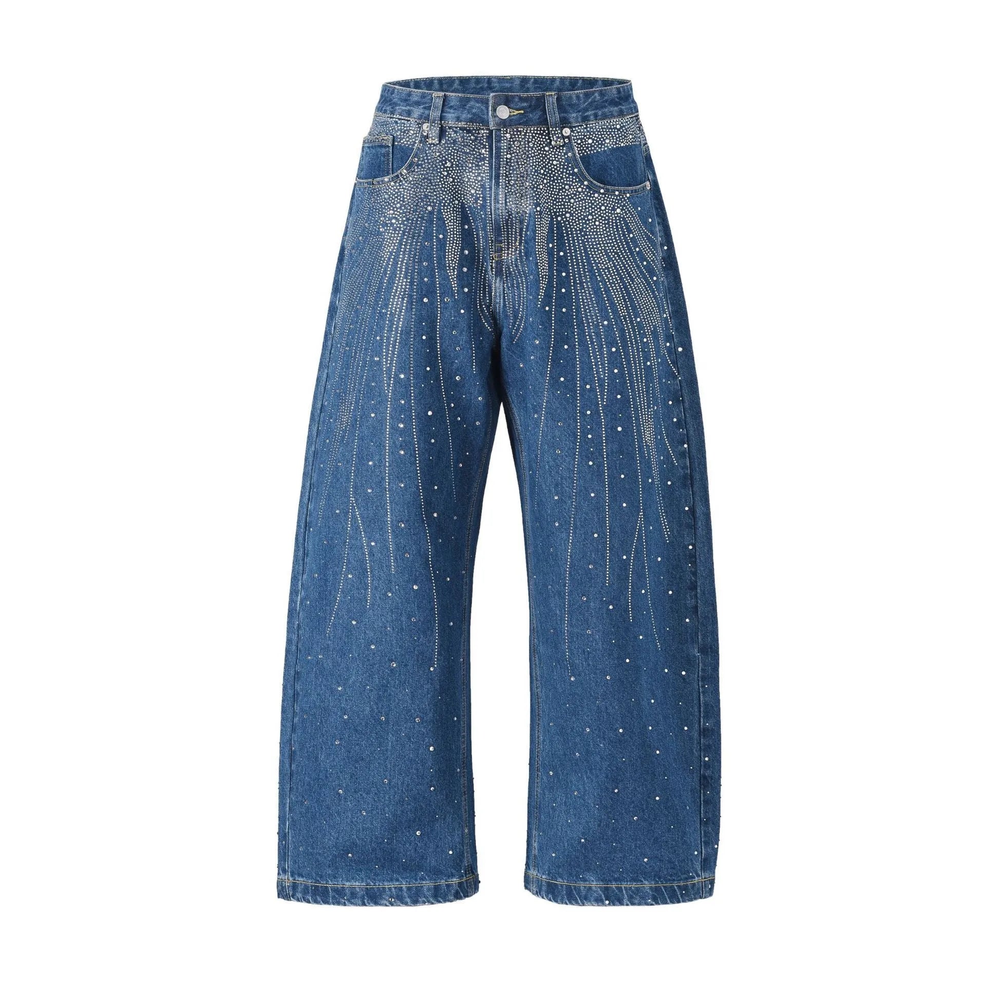 Blue loose-fitting wide-leg high street trousers on a hanger