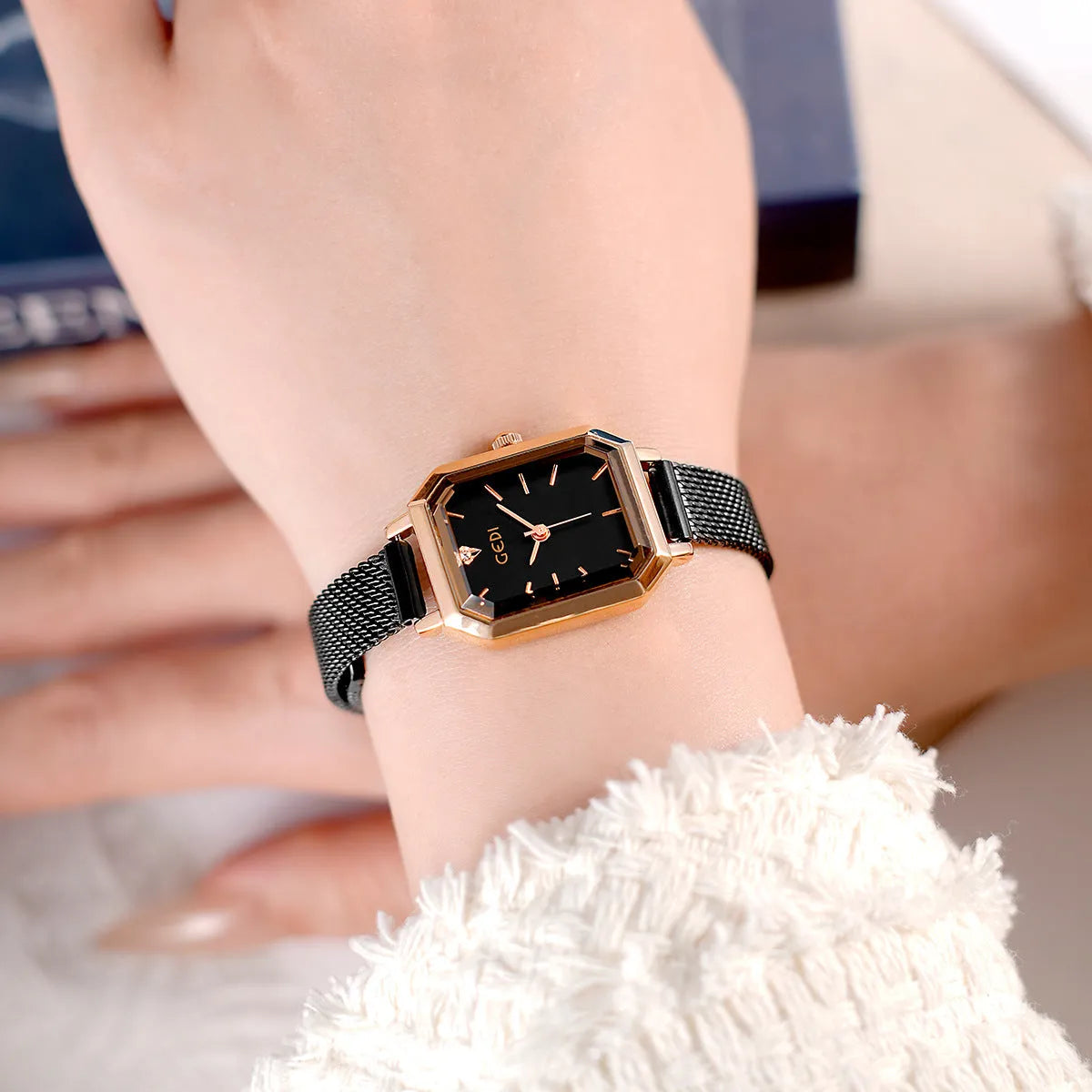 Square retro casual watch for women with rose gold case shown in multiple colour options