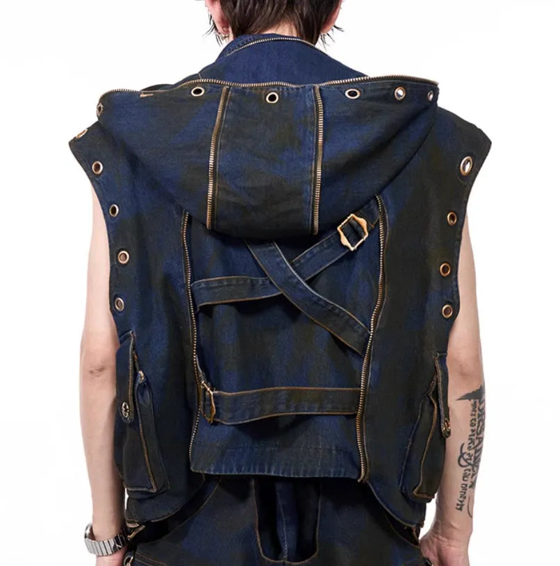 Blue polyester Korean style hooded denim vest coat with matching trousers two-piece set
