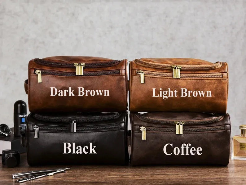 Men's personalised PU leather travel bag shown in four colour options: black, light brown, brown, dark brown.