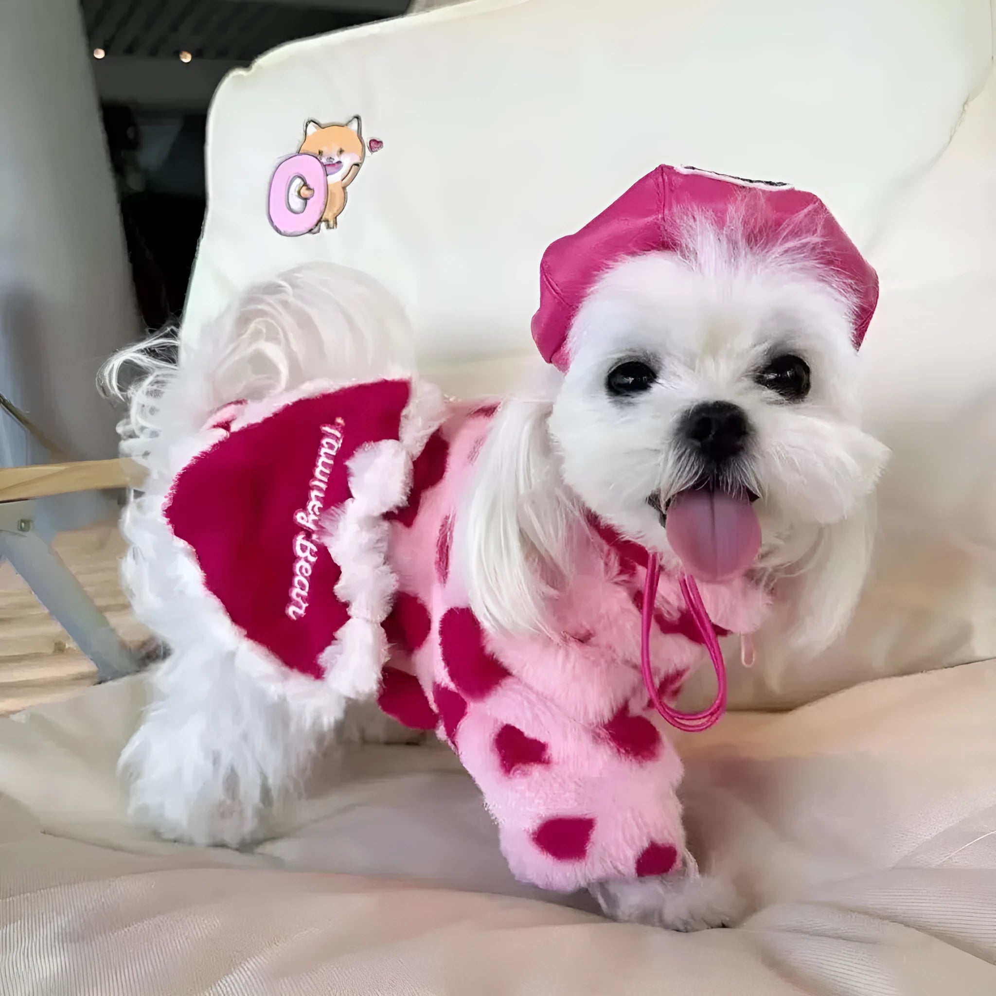 British style plush warm coat for small dog breeds in pink or brown colours