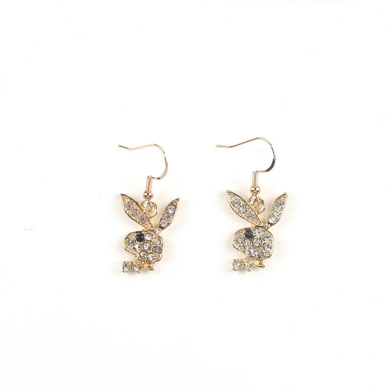 Full diamond rabbit stud earrings in silver, pink and gold colours with zodiac detailing