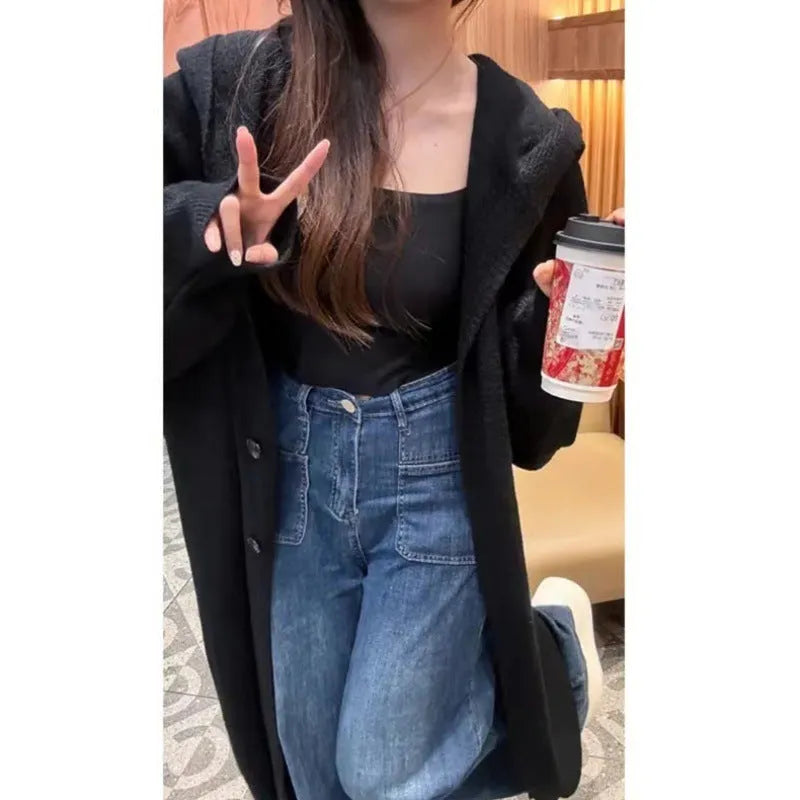Long grey hooded knitted cardigan for women in loose Korean-style fit.