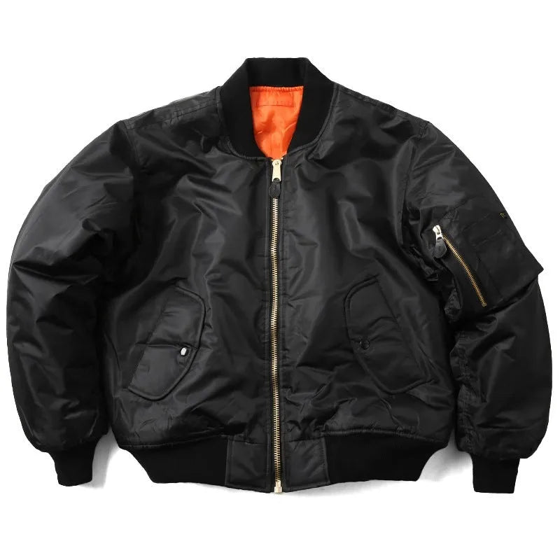 Men's loose fit cotton-padded nylon pilot jacket in army green on a hanger.