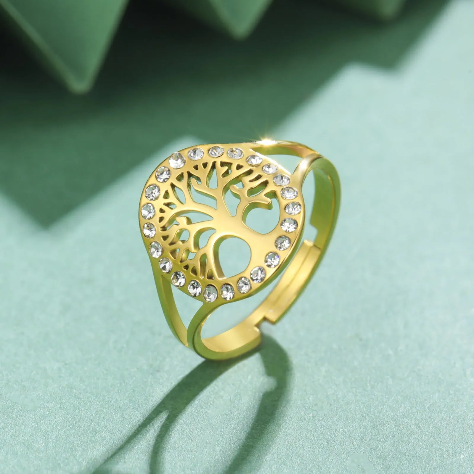 Hollow tree open ring stainless steel gold colour adjustable fit