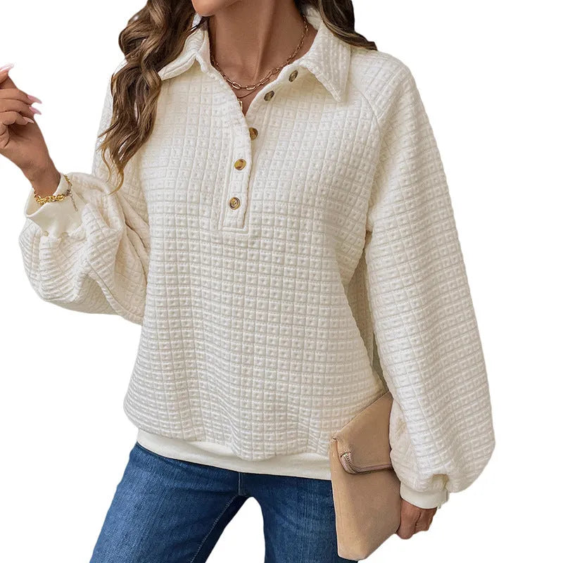 Women's thick textured polo collar sweater in milky white solid colour